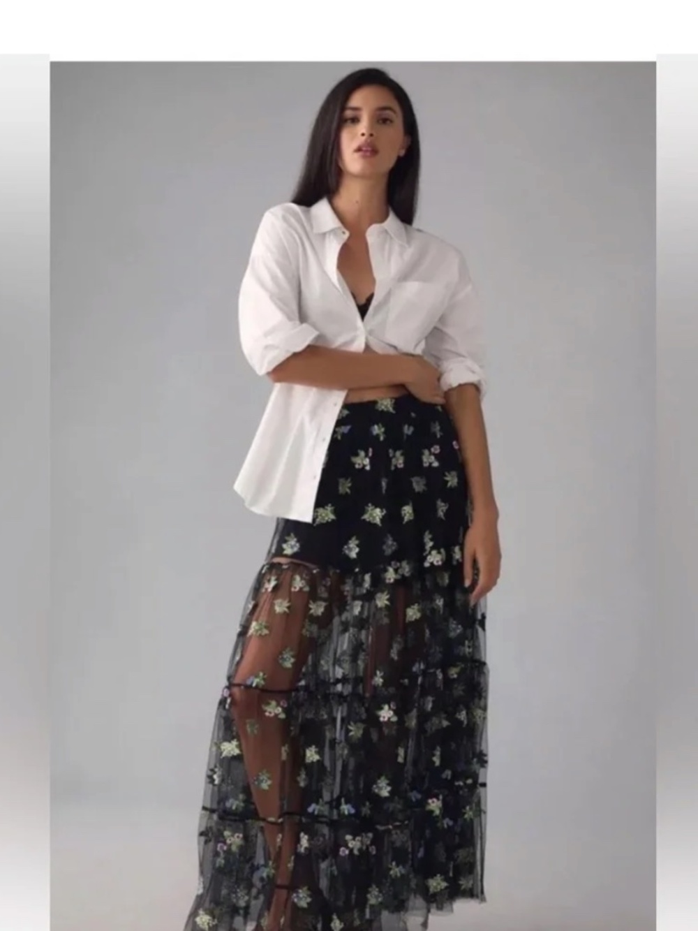 NWT Anthropologie Maeve Sheer Embroidered Maxi Skirt Floral Mesh Lined Black Sz